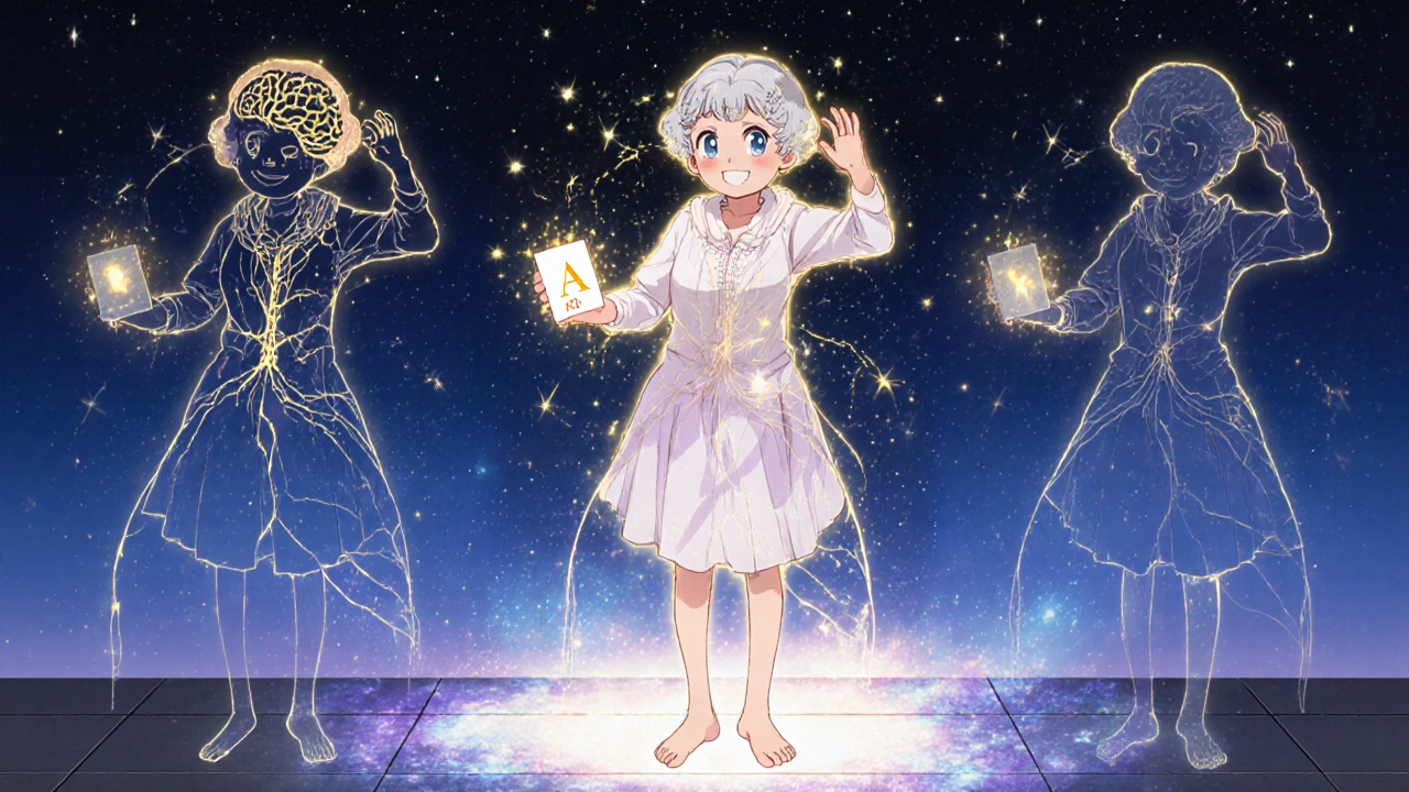 Woman performing gaze exercise with golden neural connections between brain and inner ear, magical sparkles and before/after silhouettes surrounding her.