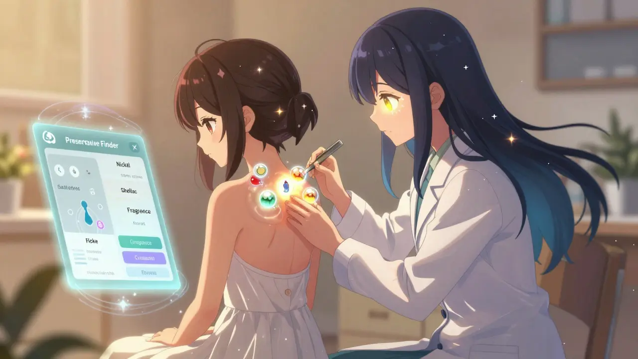 A dermatologist performing a glowing patch test with floating allergen orbs as magical runes appear nearby.