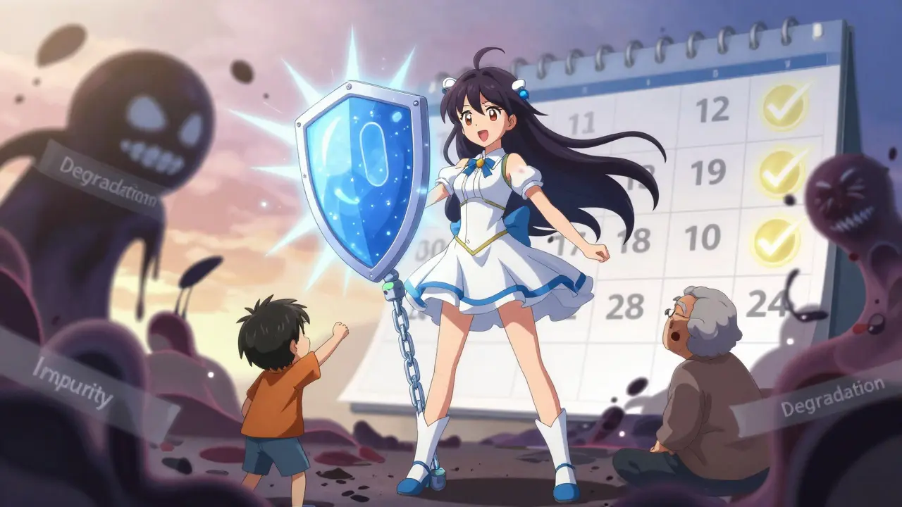 A generic drug transforms into a shield protecting patients from toxic degradation shadows.