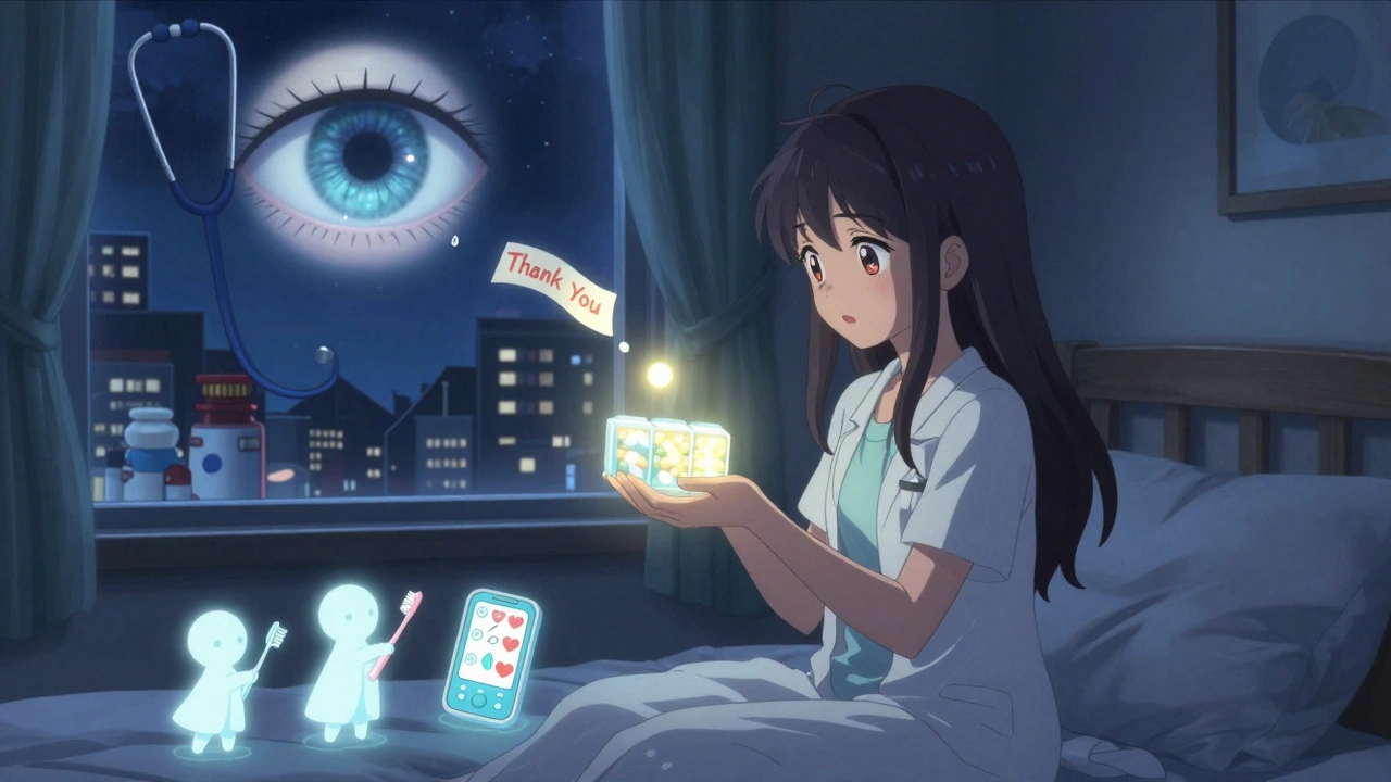 A girl at night with a floating pillbox and gentle medical spirits surrounding her in a peaceful room.