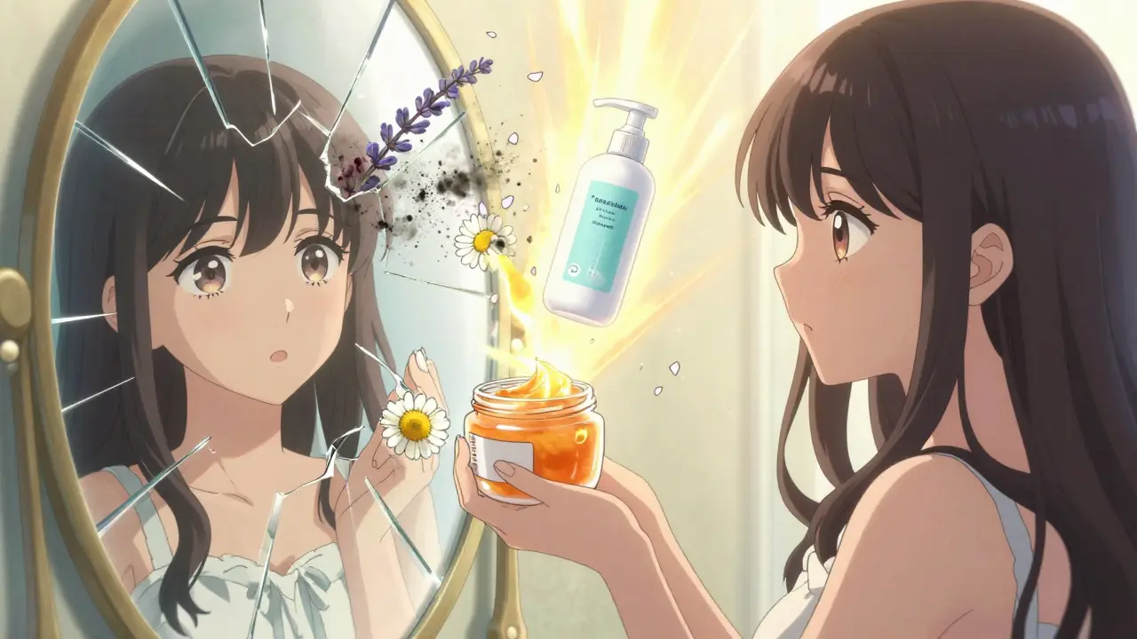 A girl holding petroleum jelly like a sacred item, standing before a mirror showing her healed eyelids.