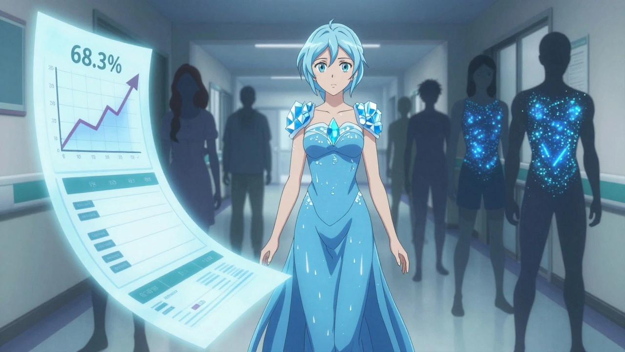 A girl in an ice-blue gown with cooling patches, surrounded by medical charts showing sweat reduction.