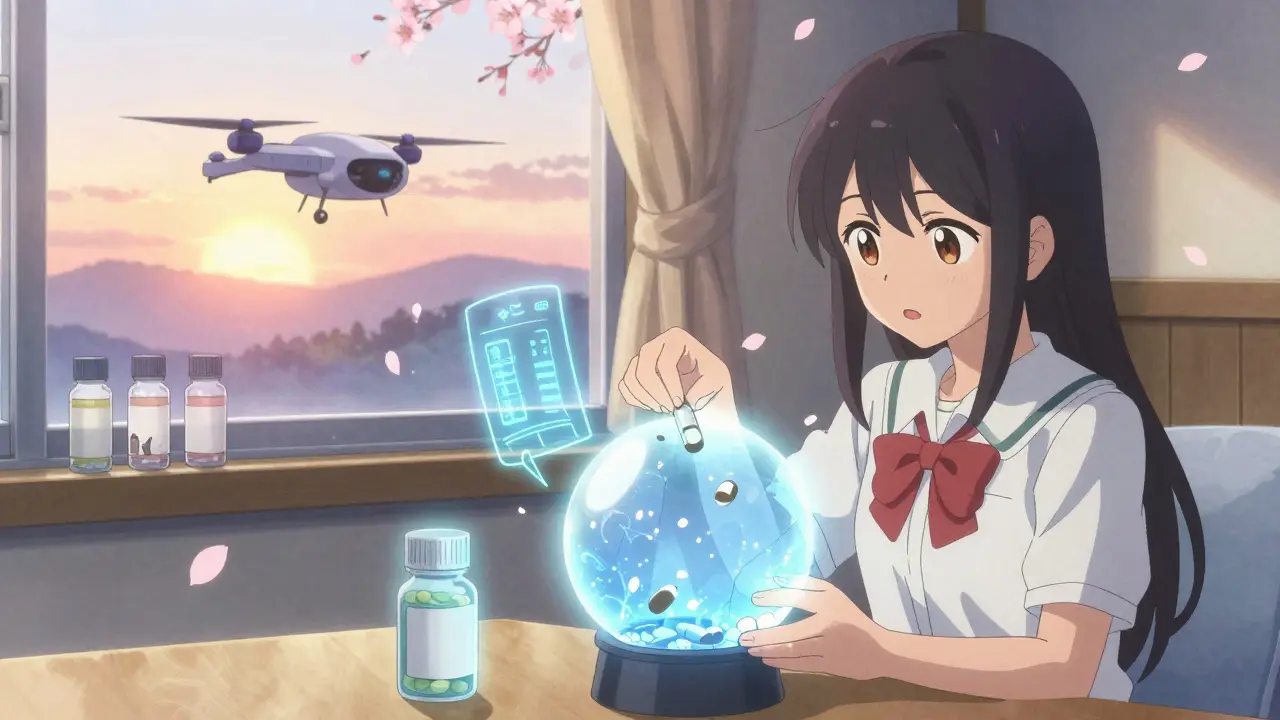 A girl placing an old nitroglycerin tablet into a glowing orb while a smart bottle glows with a warning aura.