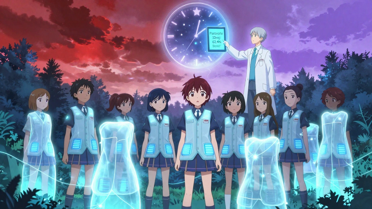A group of magical girls standing before glowing cooling vests, with a floating tablet showing treatment success rates.
