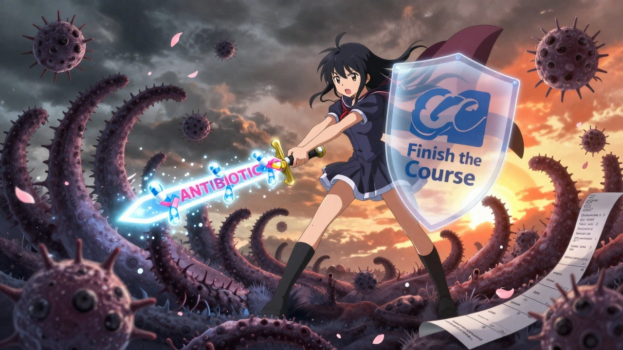 A magical girl battling dark bacteria with a sword made of pills, under a sky of storm and sunrise.