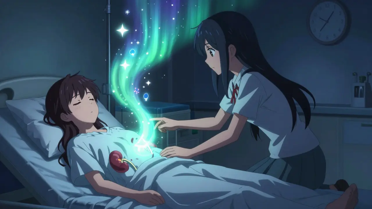 A magical girl channels protective energy into a sleeping patient's kidneys under a 1:30 p.m. glowing clock.