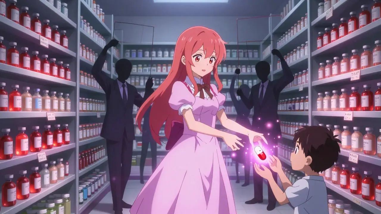 A magical girl mends a half-cut pill for a child amid floating, overpriced medications.