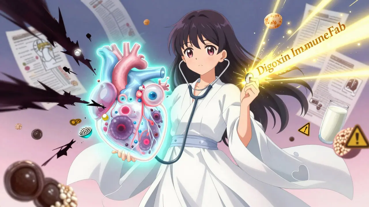 A magical girl repairs damaged heart cells with a glowing wand as dark shadows from medications disrupt sodium-potassium pumps.