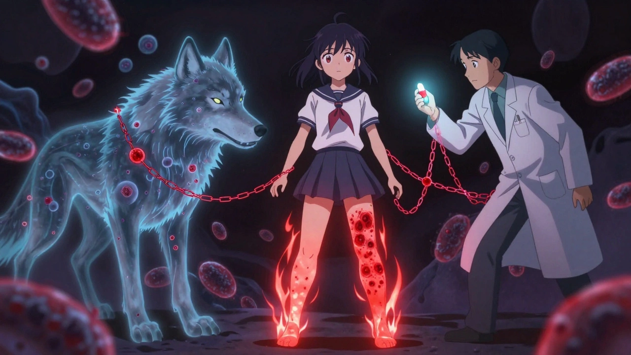 A teen with a glowing red leg facing a bacterial wolf, holding a glowing antibiotic pill.