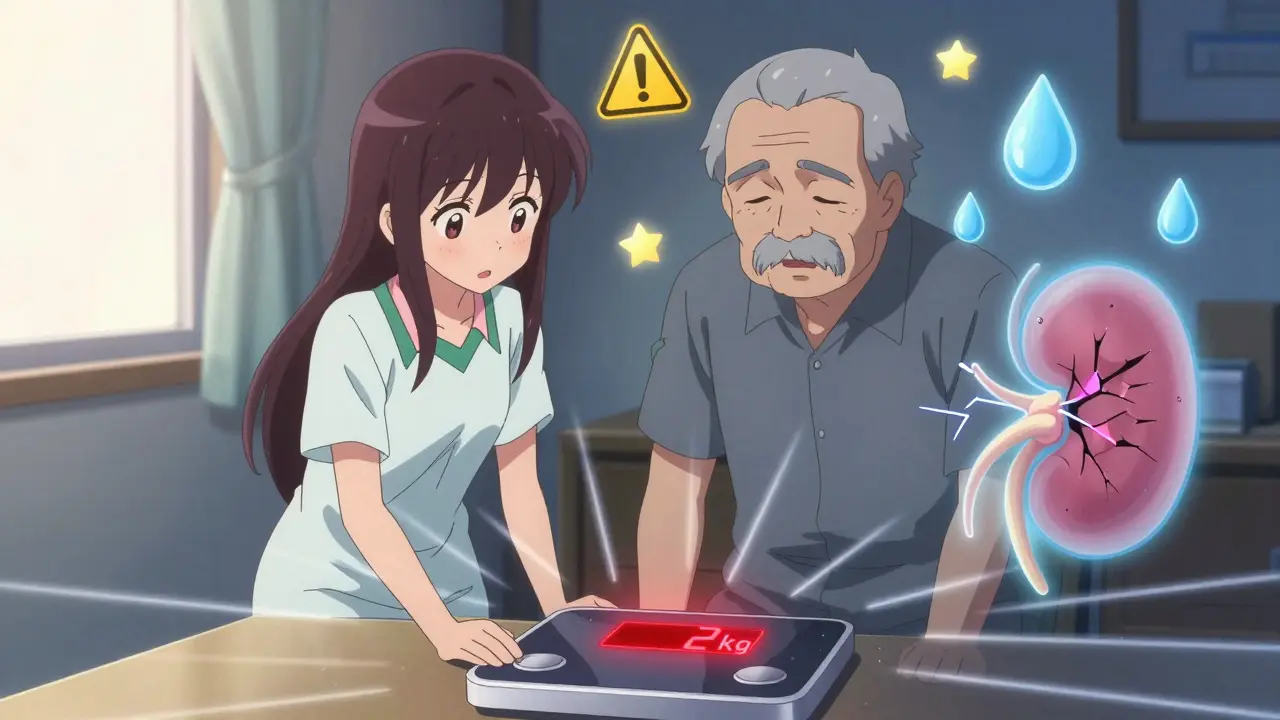 Caregiver and elderly man beside a glowing scale showing weight loss, with a damaged kidney symbol nearby.