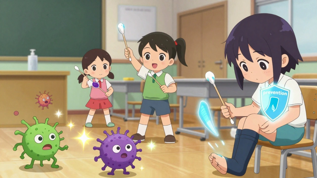 Children fighting bacteria with cotton swab wands in a classroom, one checking her foot.