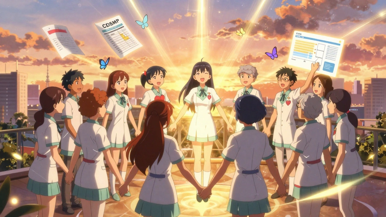 Diverse group of participants linked in a circle, transforming workbook pages into butterflies.