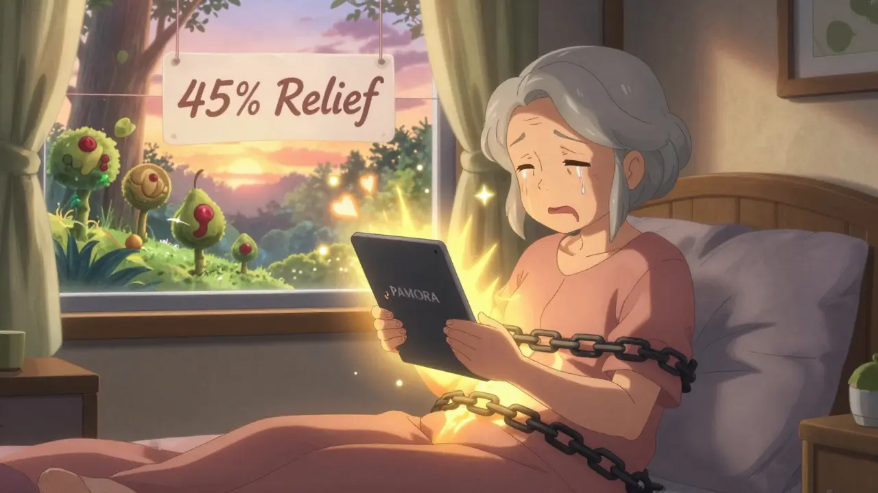 Elderly patient freed from abdominal chains by glowing PAMORA tablet as a healing forest grows.