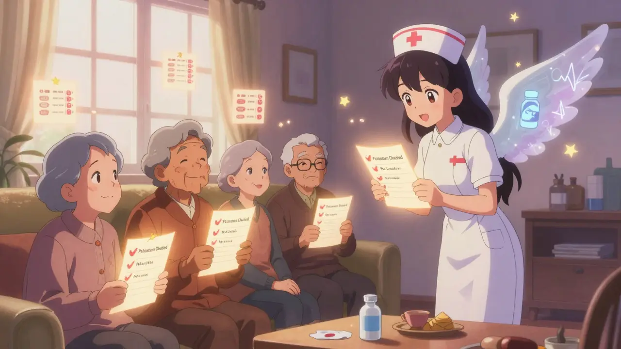 Elderly patients follow a glowing checklist as a celestial nurse guardian watches over them with medical-icon wings in soft morning light.