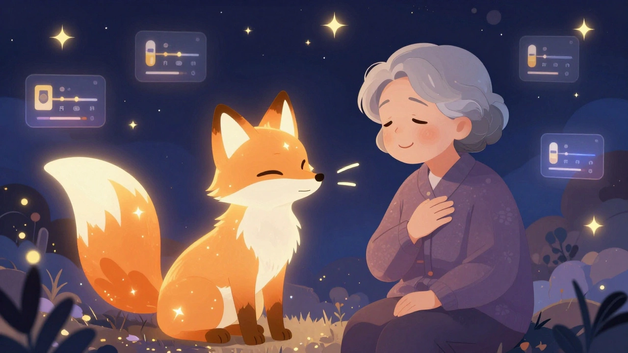 Elderly woman guided by a fox-shaped AI companion through floating health trackers at night.