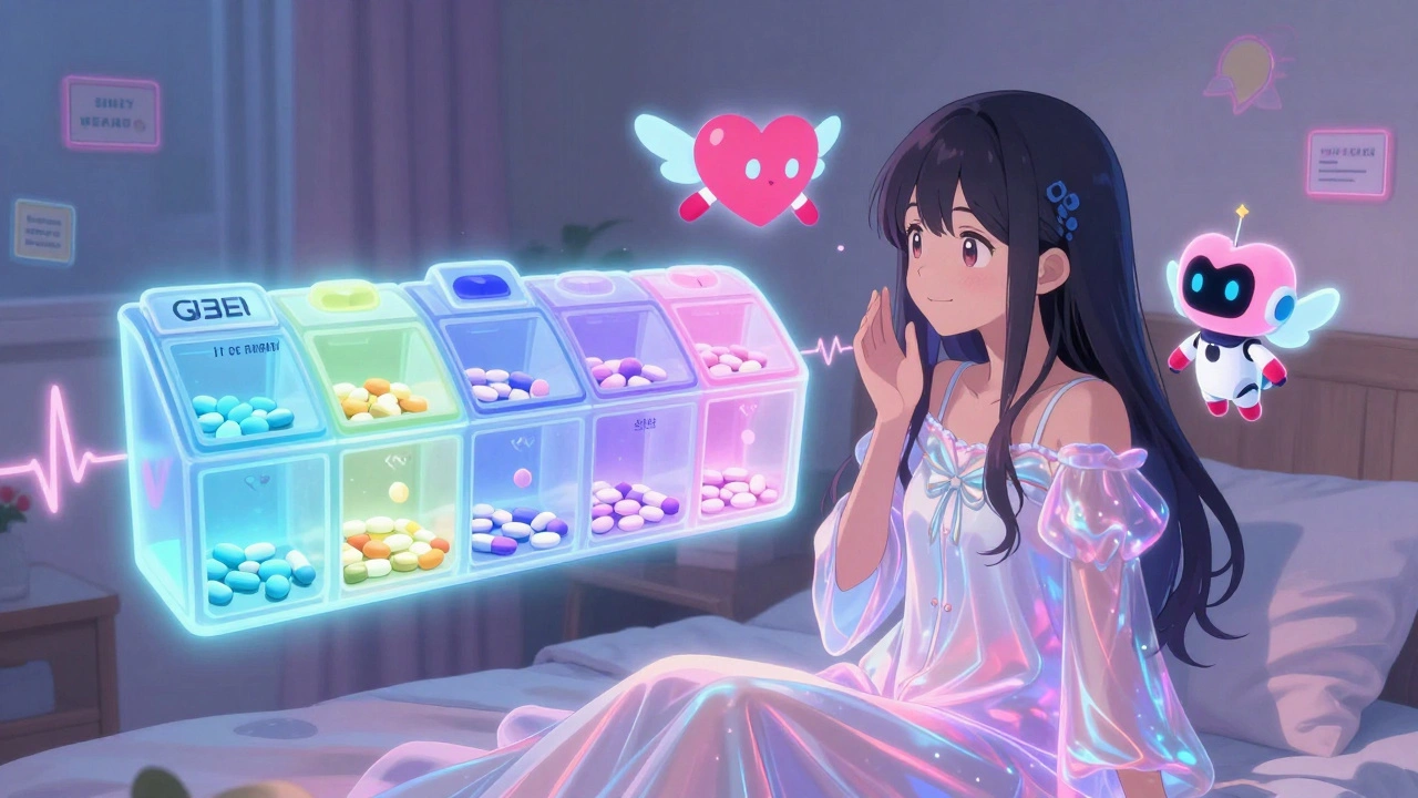 Floating pill organizer with glowing compartments, aided by a cute pill-winged robot companion.