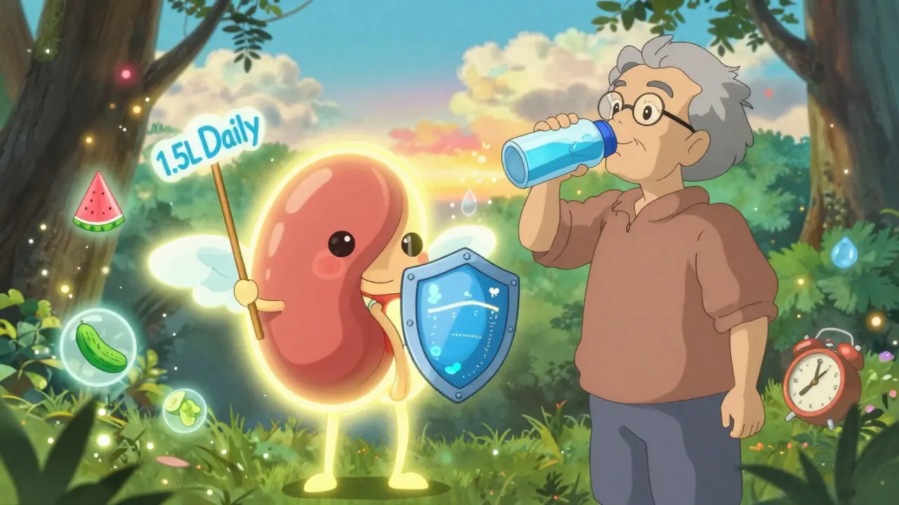 Friendly animated kidney with wings protecting an elderly person using a smart water bottle.