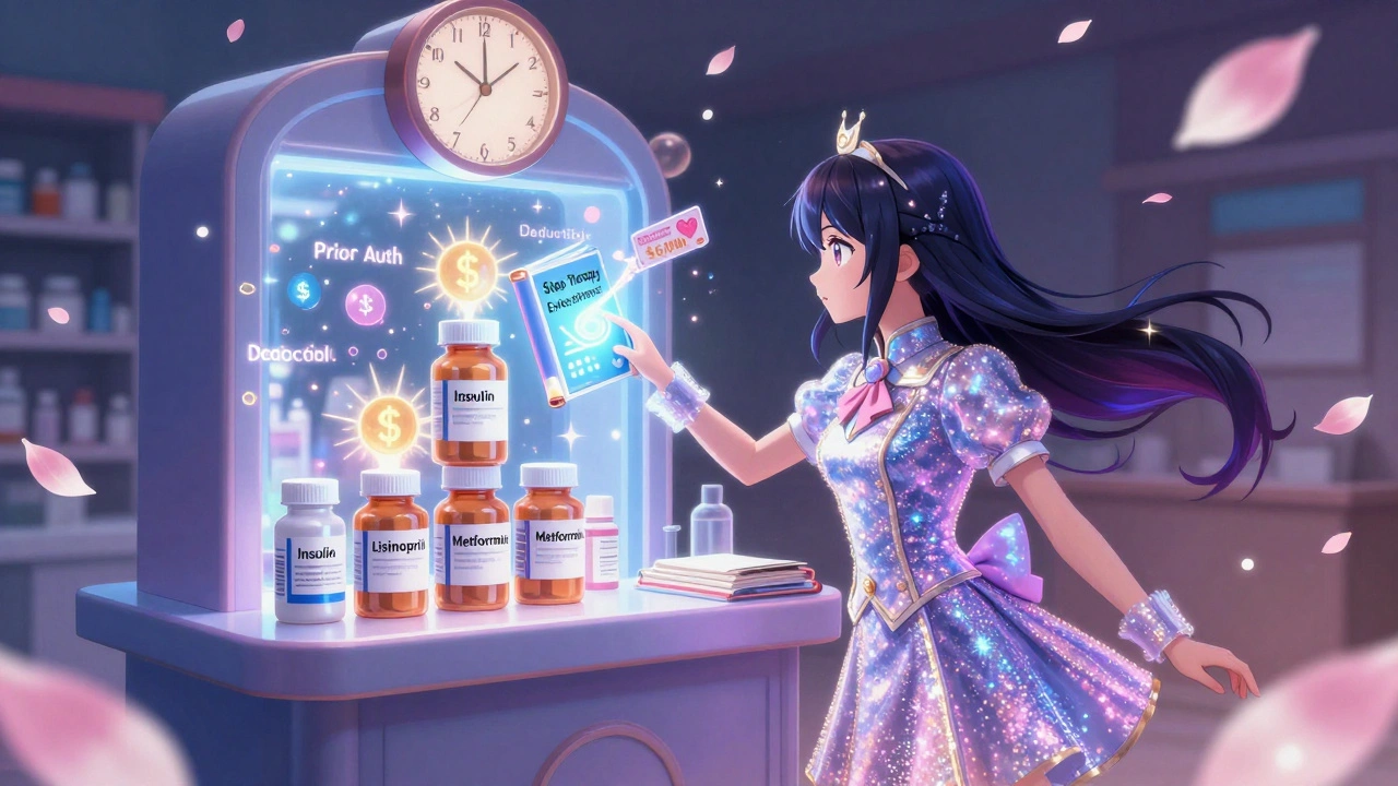 Girl activating a spellbook to request an exception for prescription drugs with dollar signs swirling.