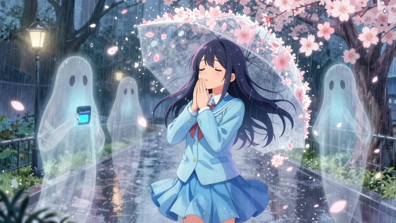 Girl breathing in the rain, glowing cherry blossoms forming a shield against dark ghosts.