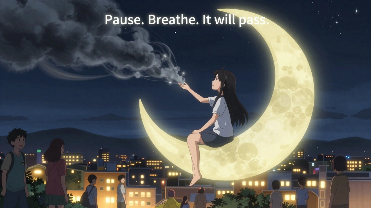 Girl guiding dark pain clouds through a calming filter on a moon platform.