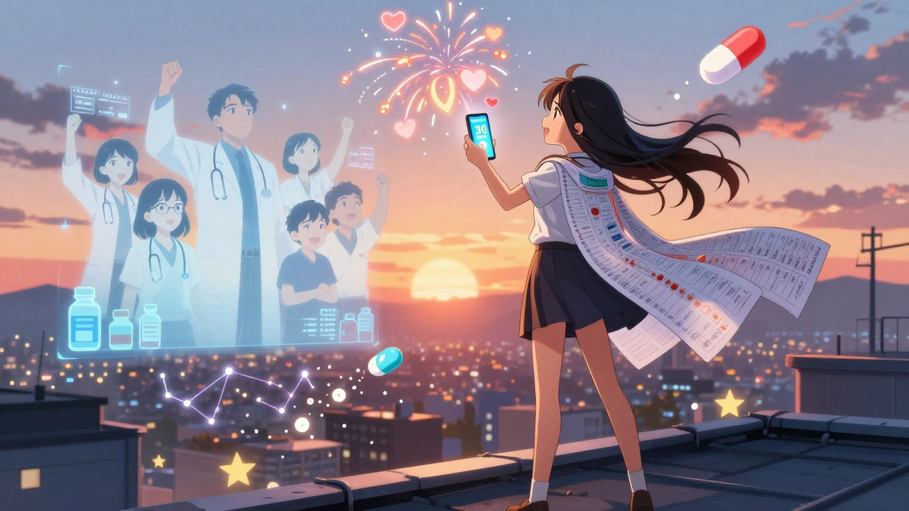Girl on rooftop celebrating 30-day medication streak with holographic supporters and pill-shaped fireworks.