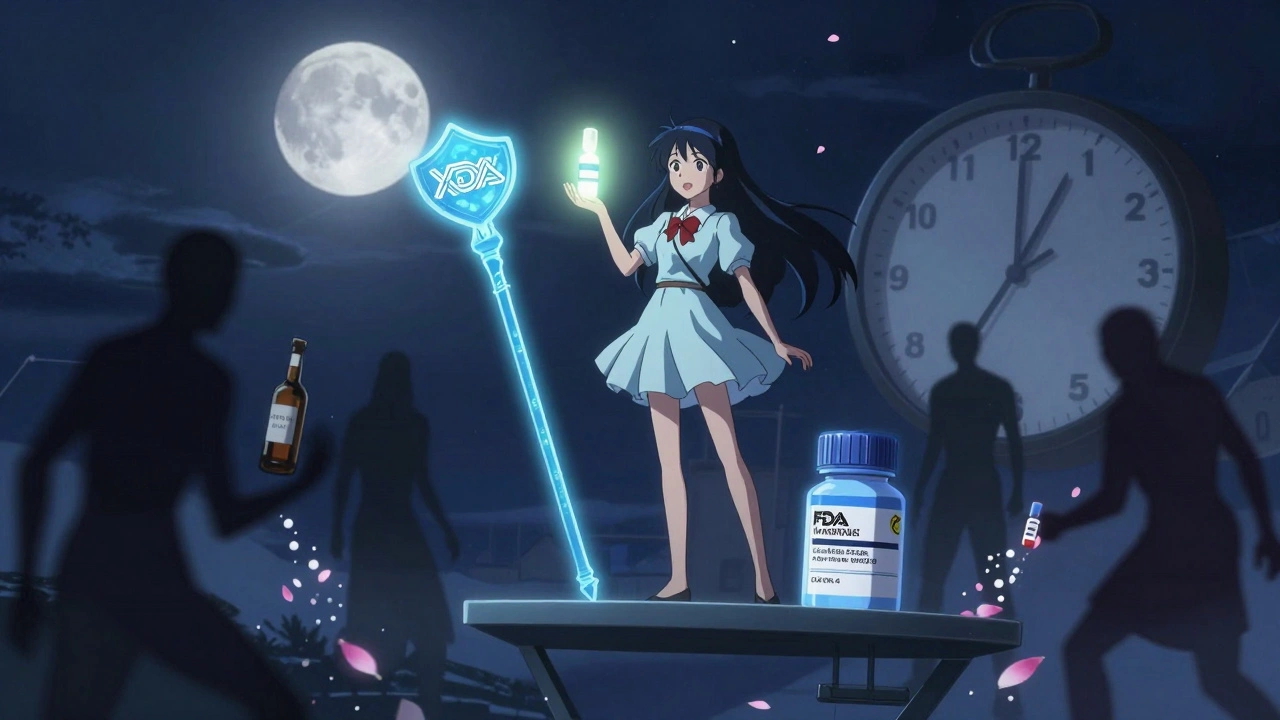 Girl standing on pharmacy shelf, using Xanax as a shield against dissolving drug shadows.