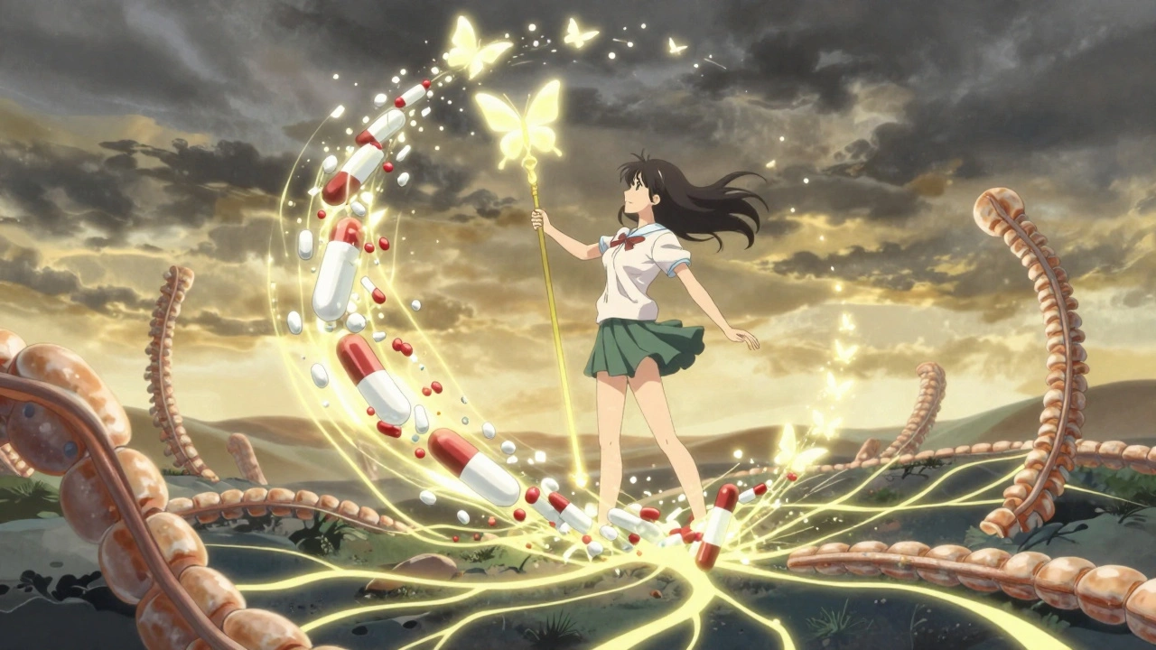 Girl transforming as morphine pills turn into healing butterflies, calming neural pathways.