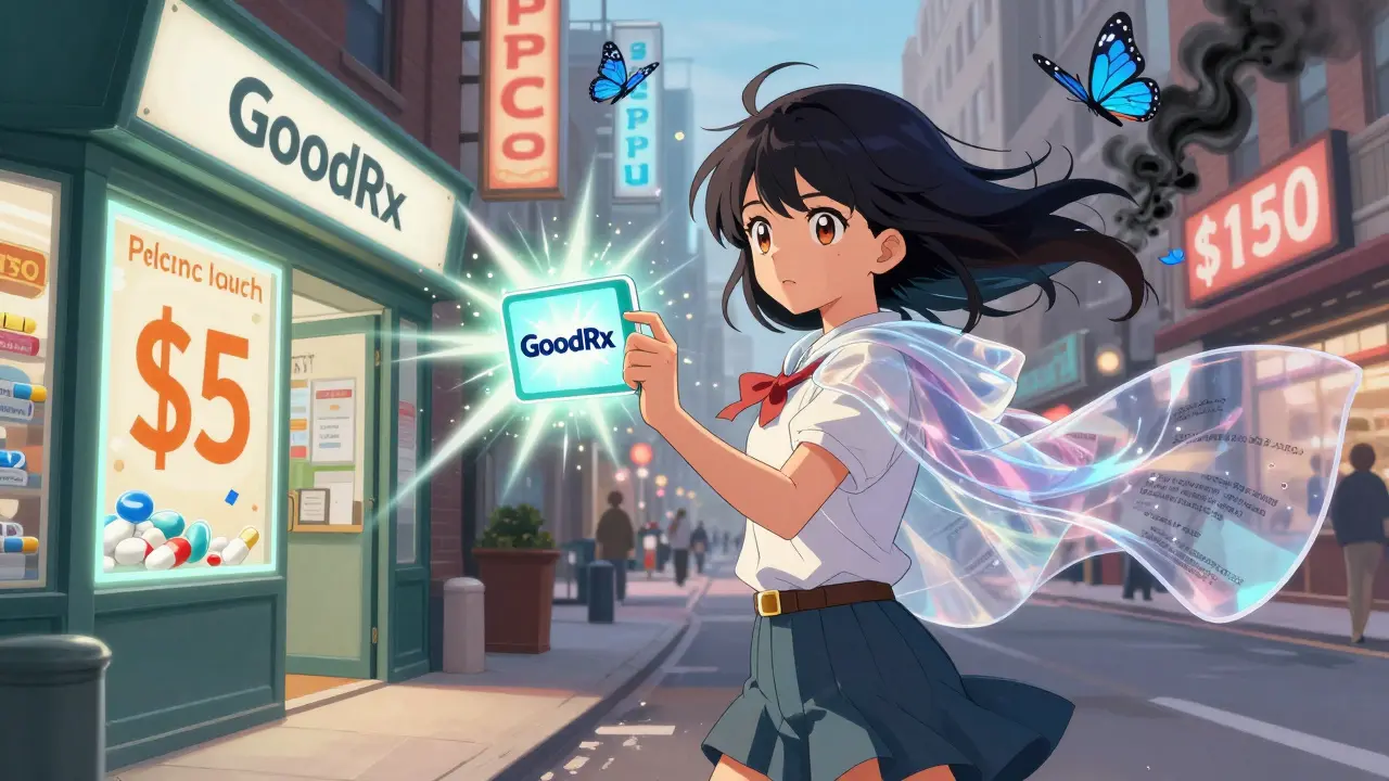 Girl using a glowing tablet to compare drug prices in a city, with magical butterflies symbolizing different pricing systems.