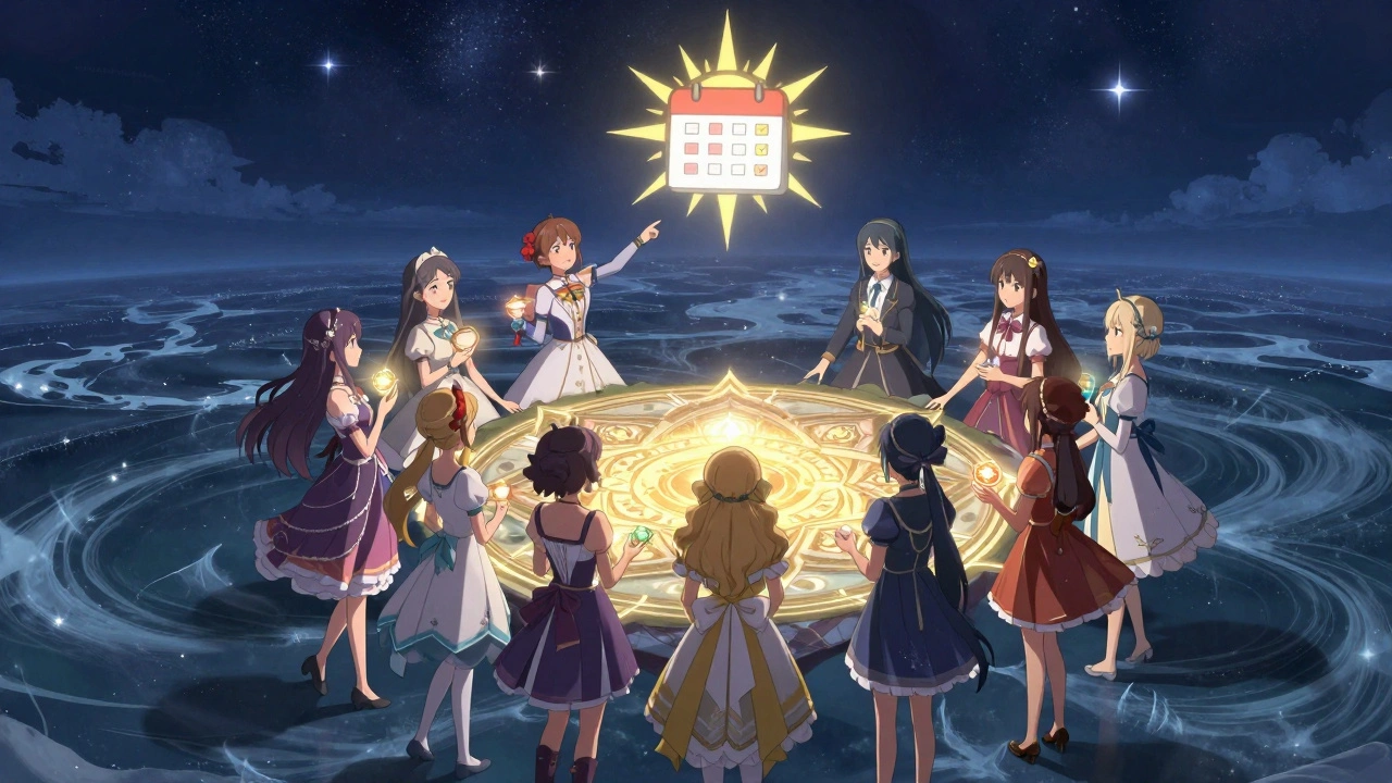 Group of girls forming a radiant circle, holding symbols of sleep, movement, and connection under stars.