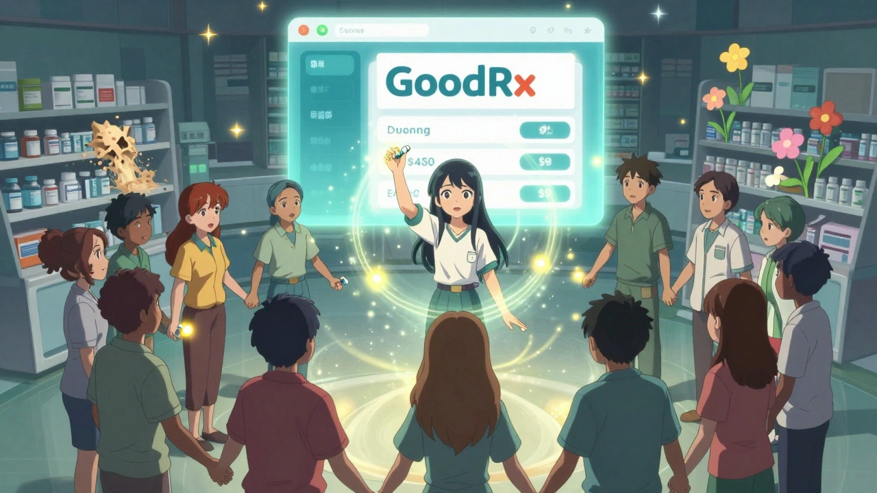 Group of patients holding hands under a glowing app as cheap generics bloom like flowers.