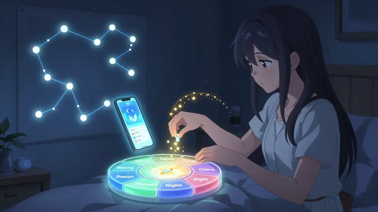 Heroine arranges pills in a glowing weekly organizer with floating reminder app and timing runes.