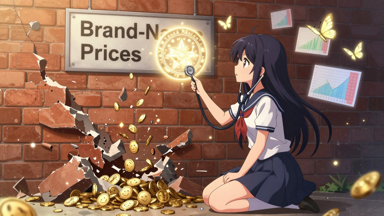 Magical girl breaking a wall labeled &#039;Brand-Name Prices&#039; with a stethoscope wand.