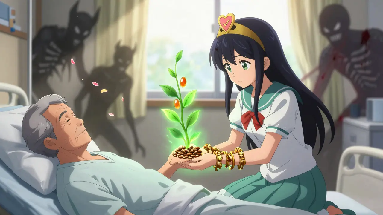 Magical girl comforting an elderly patient as a plant-based omega-3 vine replaces dangerous supplements, with bleeding threats dissolving into petals.