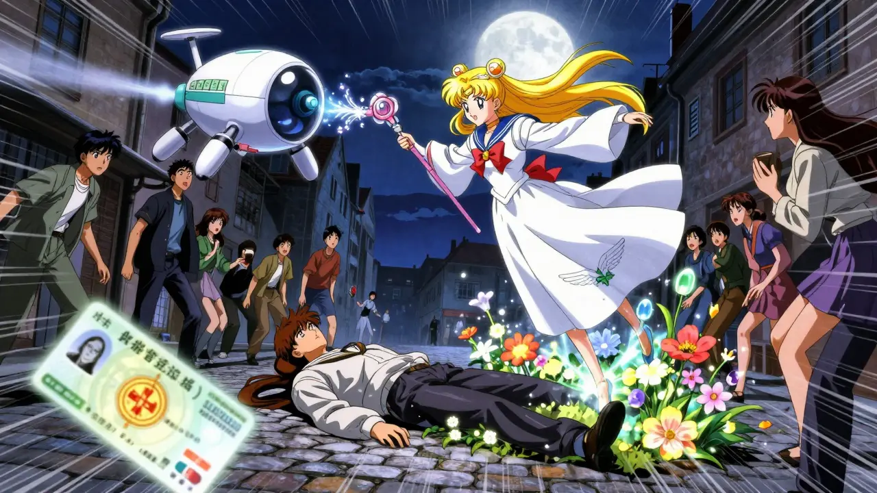 Magical girl descends from sky to deliver medicine to a collapsed traveler in a European street.