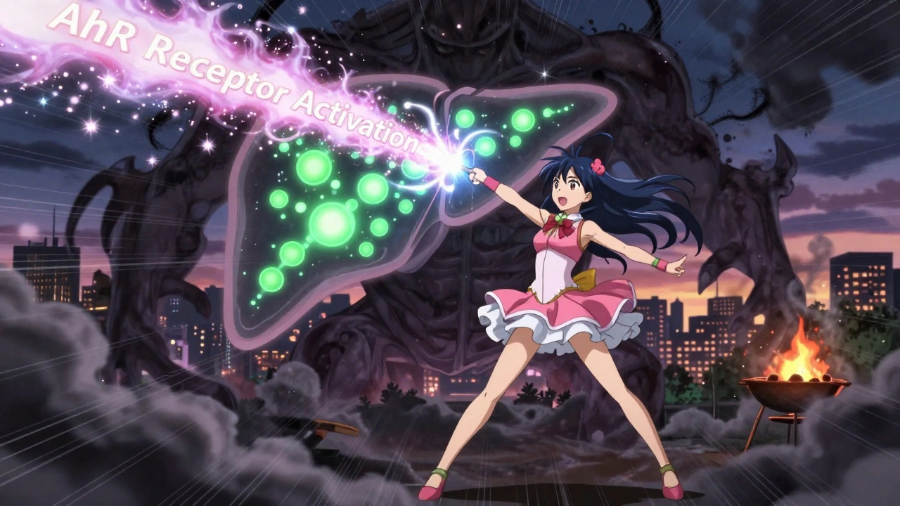 Magical girl fighting a smoke monster with a beam of light labeled &#039;AhR Activation&#039;.