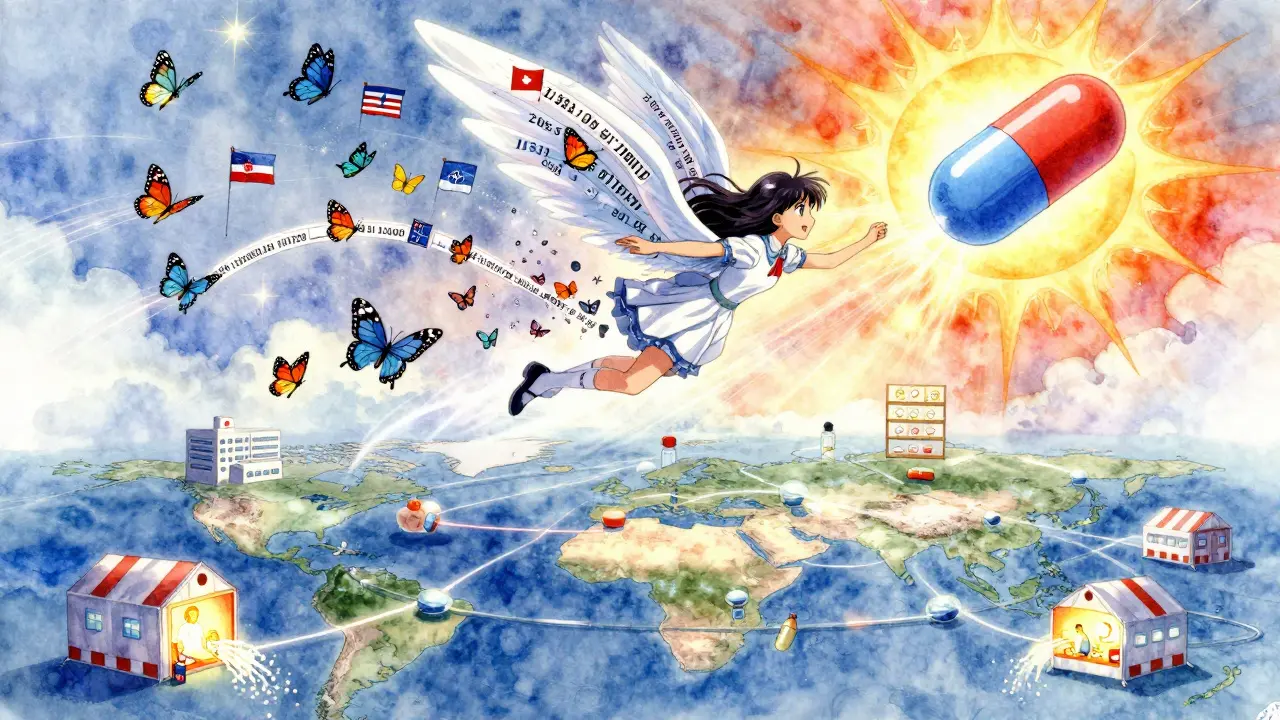 Magical girl flies above a global map of medicine vials, turning expiration dates into butterflies.