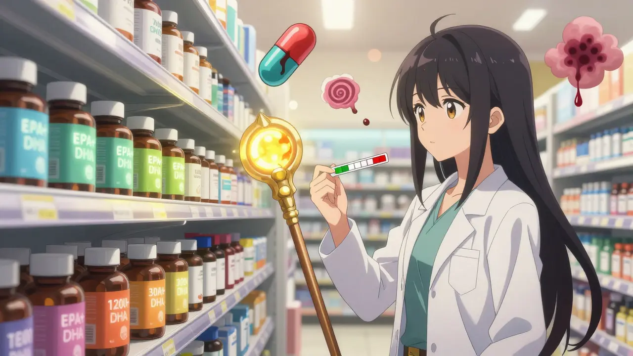 Magical girl in a pharmacy pointing at fish oil bottles with glowing concentrations, INR test strip flickering red and green in her reflection.