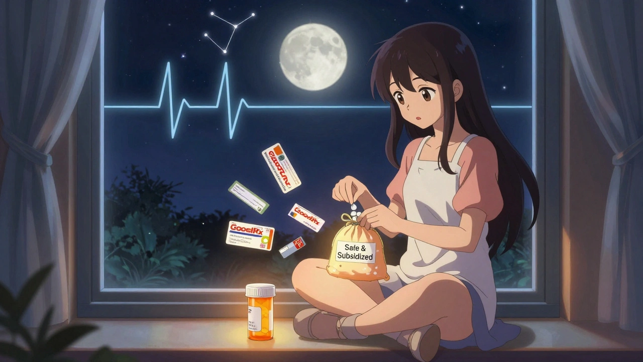 Magical girl placing atenolol in enchanted pouch with discount cards nearby