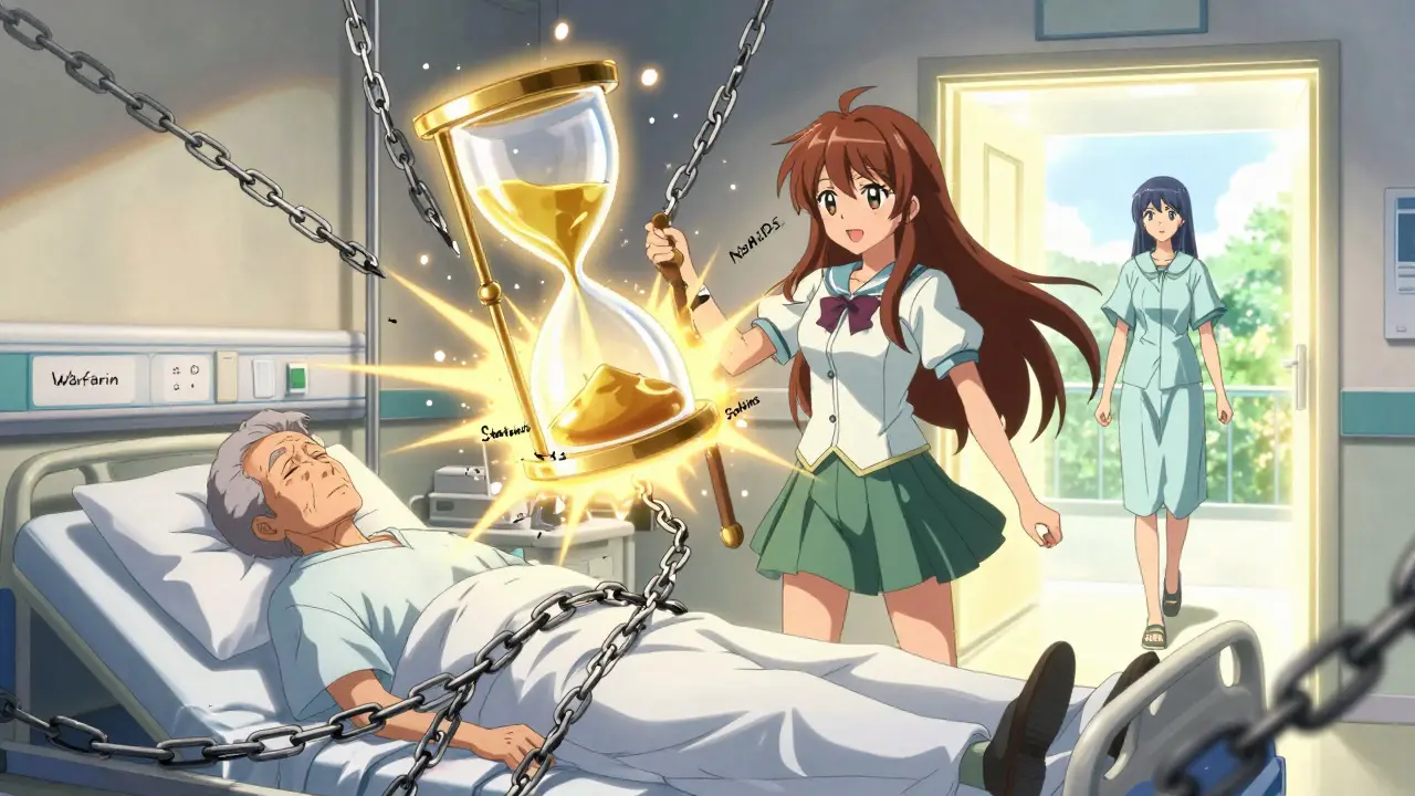 Magical girl shatters dangerous drug interaction chains with hourglass staff in hospital ER scene.