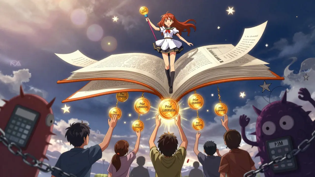 Magical girl standing on floating prescription pad, defending patients from shadowy insurance monsters.
