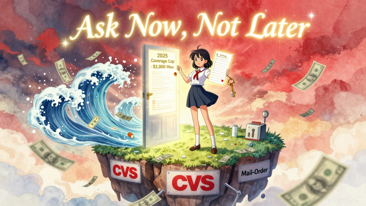 Magical girl unlocking a door labeled &#039;2025 Coverage Cap&#039; while standing on pharmacy networks.