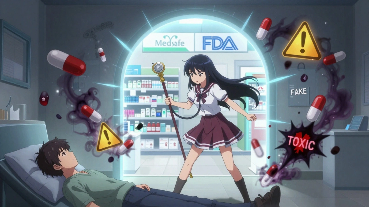 Magical girl using stethoscope staff to protect patient from fake pills