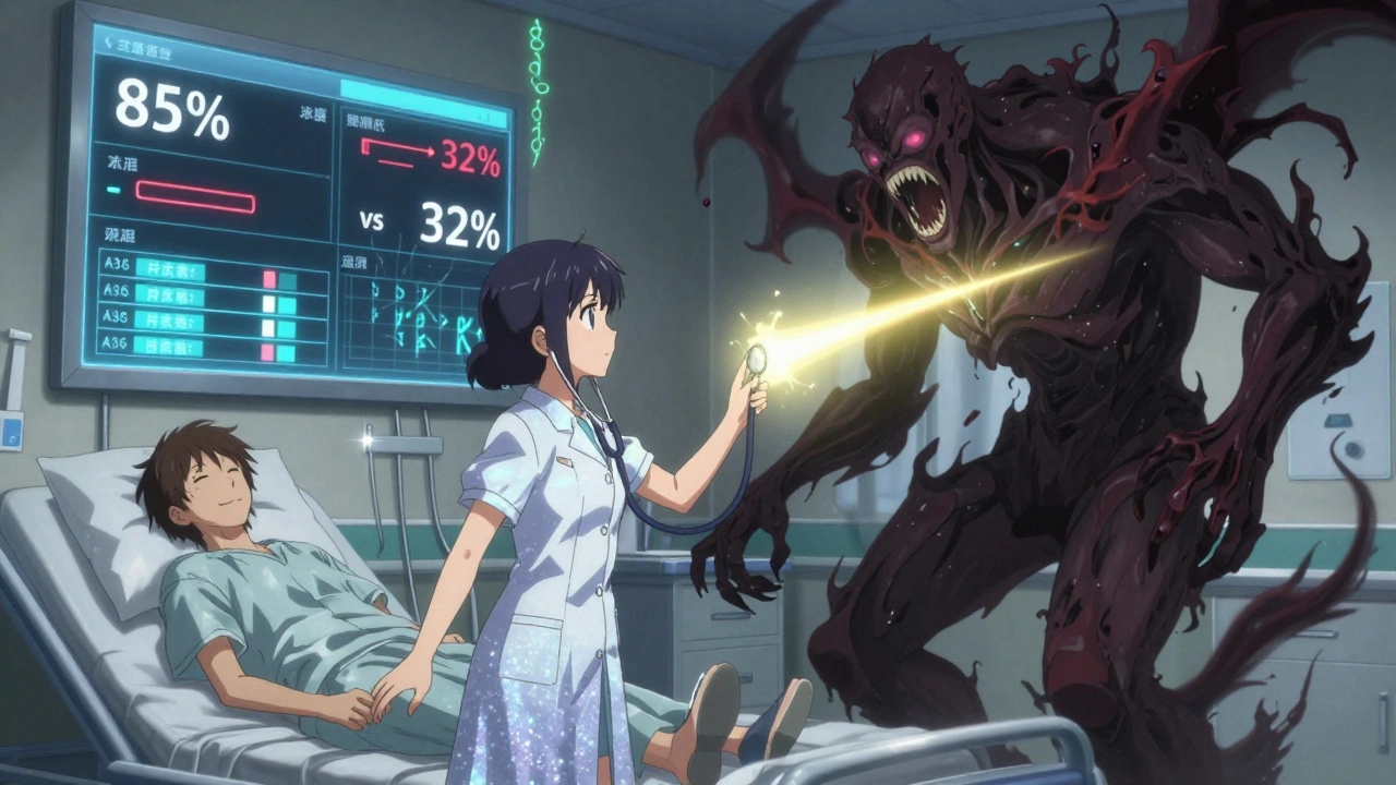 Medical heroine banishes a monstrous ADR entity while shielding a patient surrounded by floating health data.