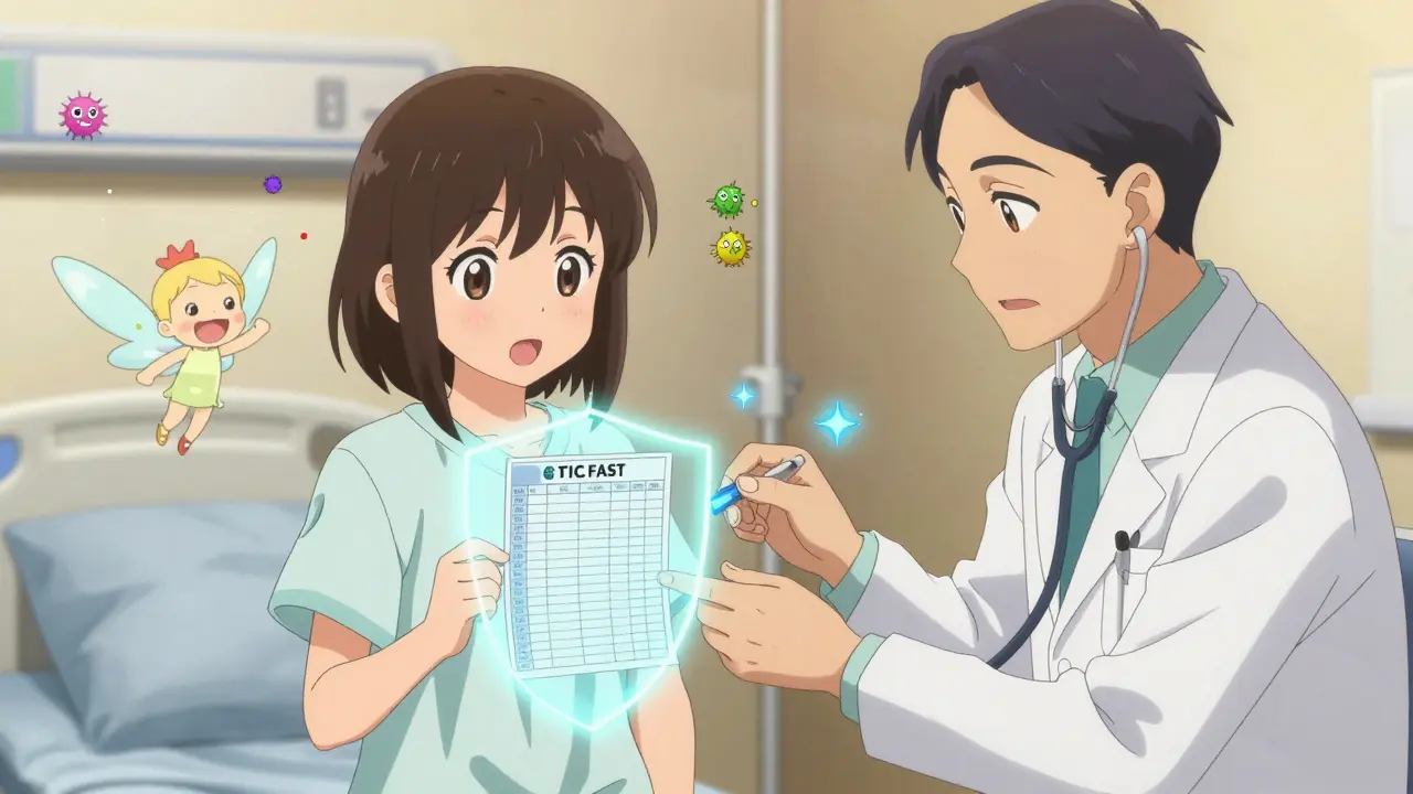 Patient receives penicillin skin test as glowing score card and microbiome fairy confirm safety.