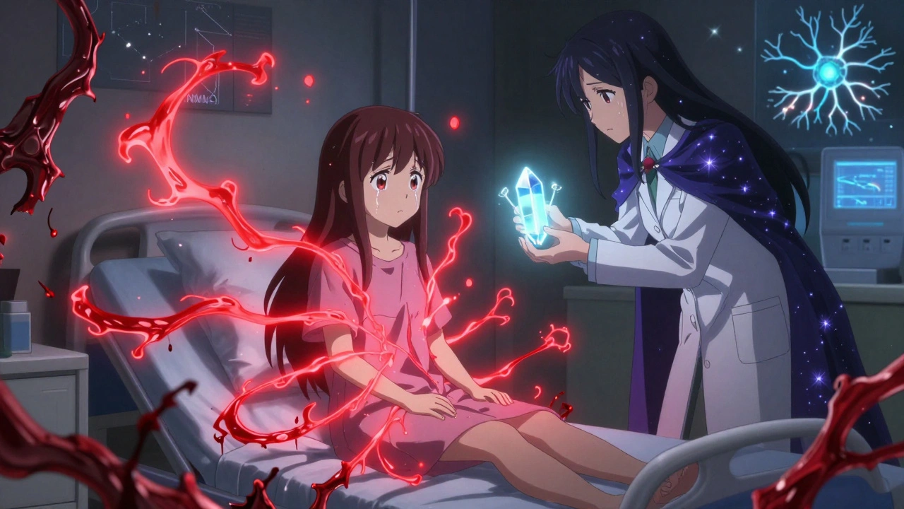 Patient surrounded by spreading pain waves as a healer neutralizes them with a glowing crystal.