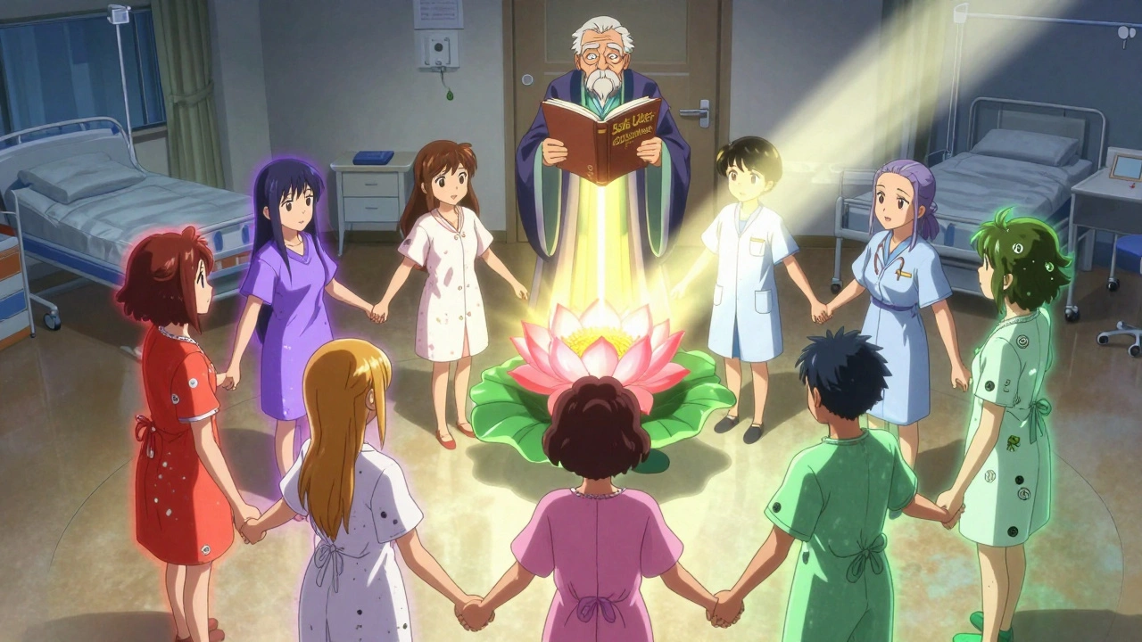 Patients holding hands as healing light turns dangerous meds into blooming lotuses.