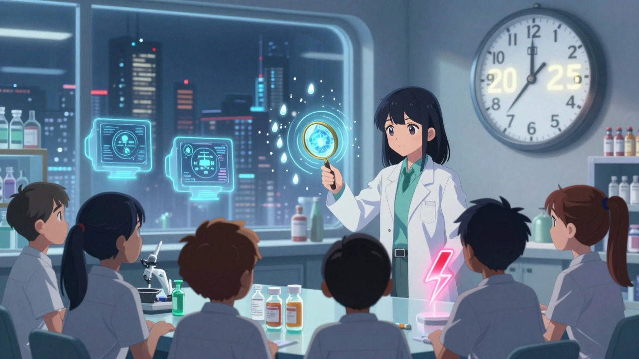 Pharmacist teaches students to distinguish common side effects as rain from rare ADRs as lightning in a futuristic pharmacy.