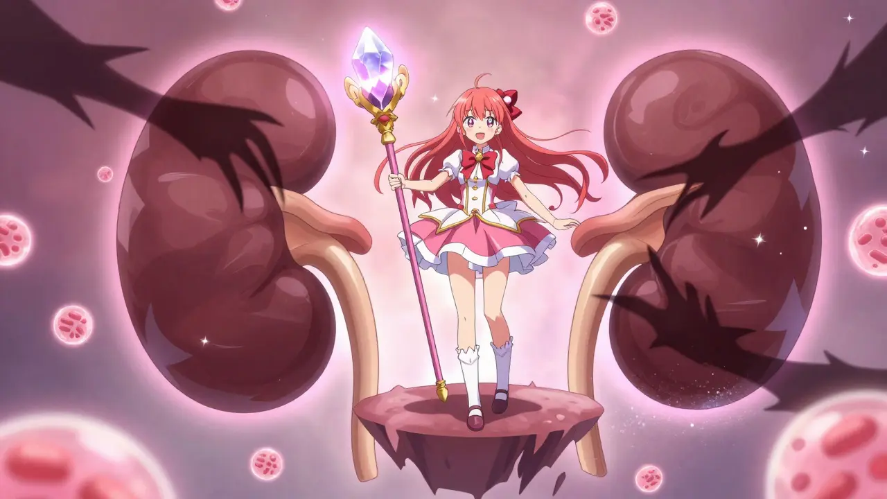 The magical girl stands on a kidney-shaped platform, repelling dark toxic forms with a gentle amikacin-powered light.