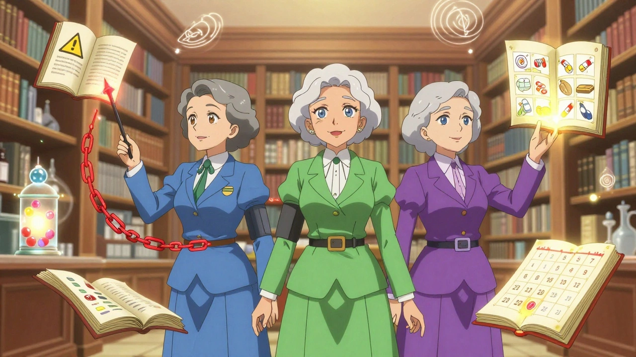 Three elderly magical girls in color-coded outfits neutralizing dangerous drug interactions in a pharmacy library.