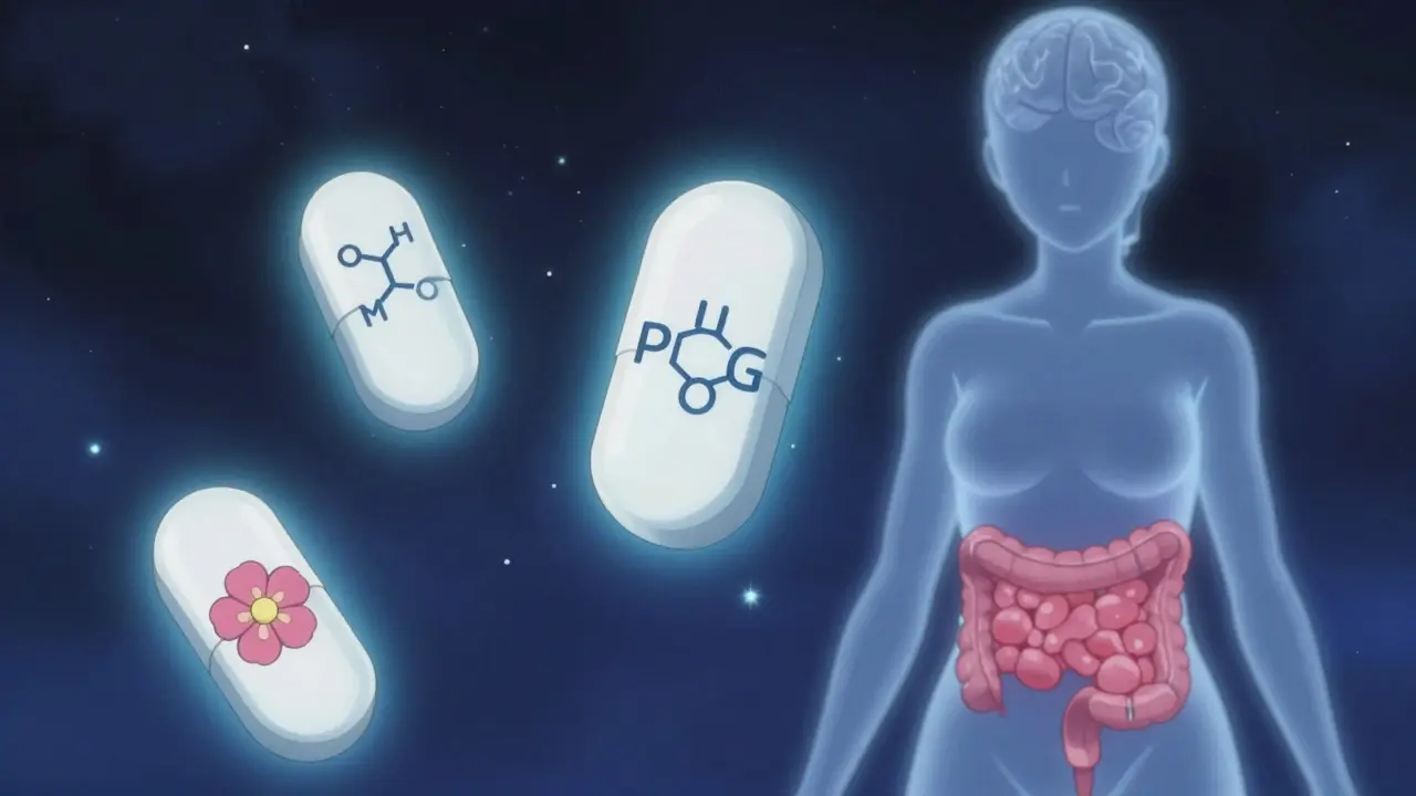 Three magical pill talismans floating in space, blocking gut opioids while sparing the brain.
